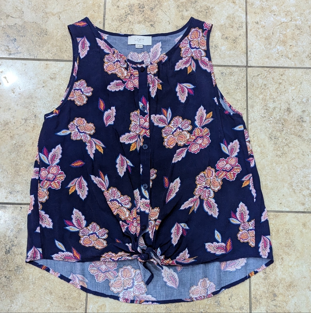 LOFT Crop Rayon Navy Pink Floral Sleeveless Shirt Size XS
